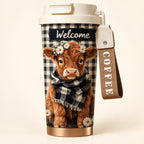 Close-up of the printed daisy Highland cow, Welcome lettering, white lid and COFFEE carry strap.