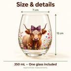 Flower-field Highland cow glass size guide: approximately 12 cm high with a 7 cm rim and 350 mL capacity. One glass included.