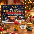 Highland cow Christmas advent calendar box with umbrella, astronaut and gardener miniature figurines.