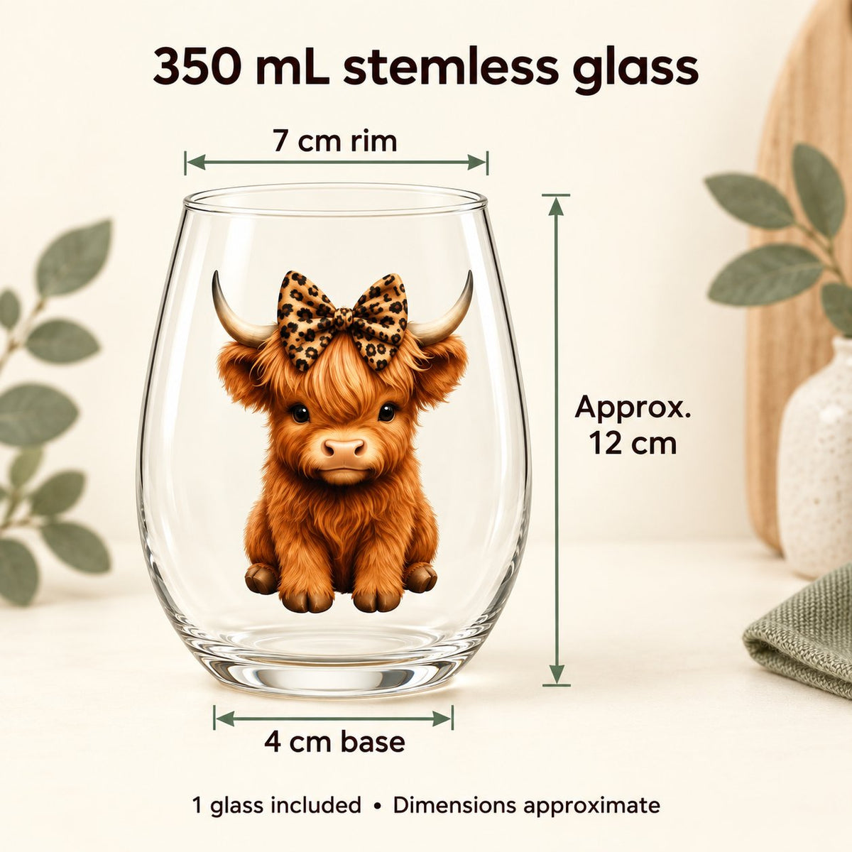 350 mL stemless glass measuring approximately 12 cm high, with a 7 cm rim and 4 cm base; one glass included.