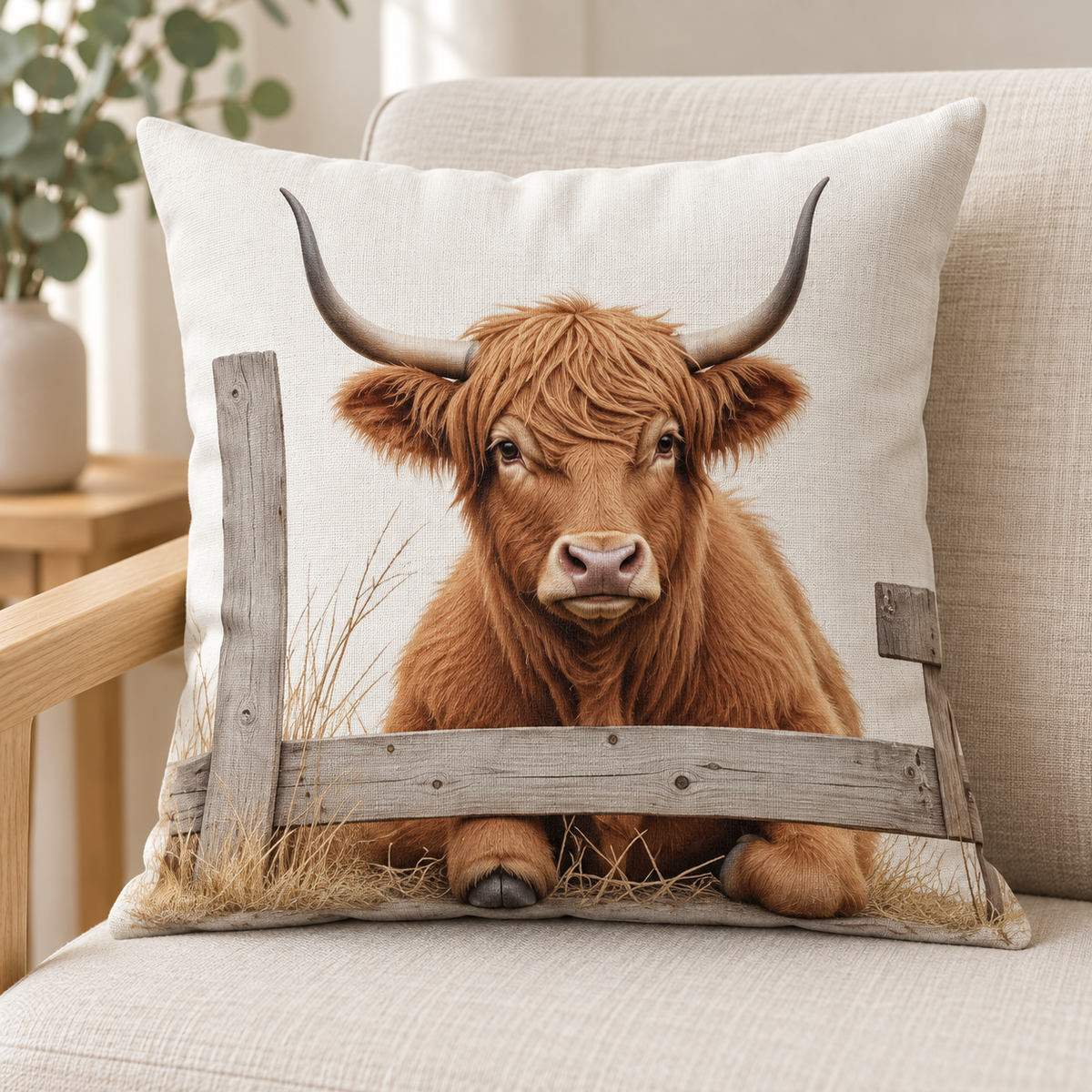 Seated Cow design: a seated Highland cow behind a low wooden rail on a 45 × 45 cm cushion cover. Insert not included.