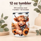 12 oz sunflower Highland cow tumbler in 304 stainless steel; one tumbler and one clear lid included.