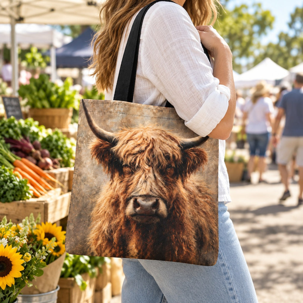 Vintage Highland cow tote bag with black handles styled for a market outing. One bag included; contents and props not included.