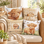 Four watercolour country cushion cover designs styled on a rattan chair with a cream throw. Inserts not included.
