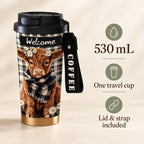 530 mL Highland cow travel cup capacity and contents: one cup, lid and strap included.