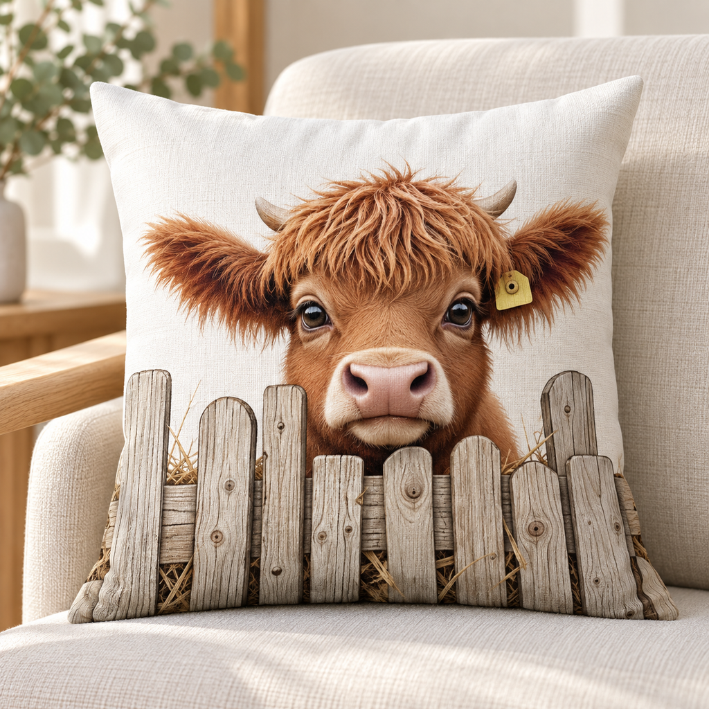 Fence Calf design: a little Highland calf with a yellow ear tag peeking over a rustic fence on a 45 × 45 cm cushion cover. Insert not included.