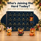 Numbered doors on the Highland Coo Advent Calendar with one door open and bunny, cowboy and pumpkin cow figurines displayed in front.