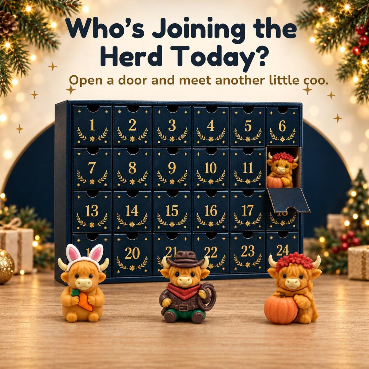 Numbered doors on the Highland Coo Advent Calendar with one door open and bunny, cowboy and pumpkin cow figurines displayed in front.