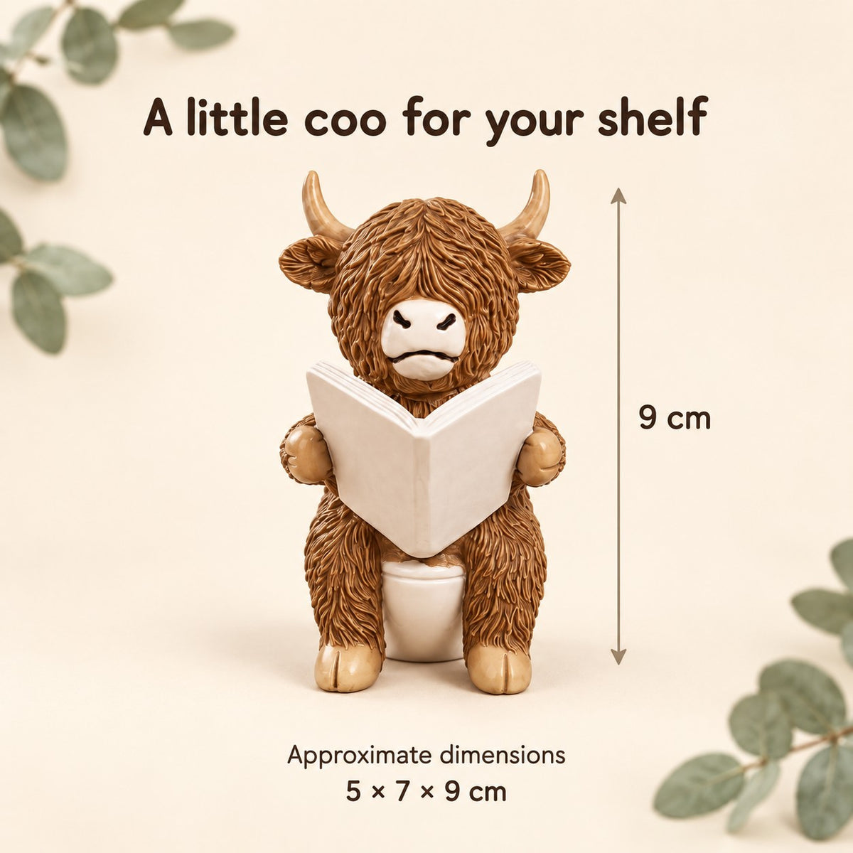Reading Highland cow figurine dimensions, approximately 5 by 7 by 9 cm, with a 9 cm height arrow.