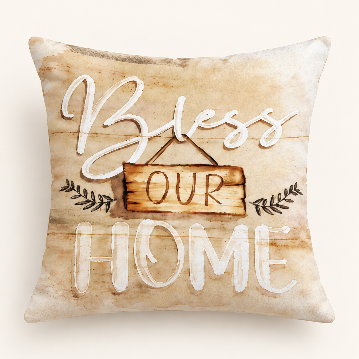 Bless Our Home cushion cover with white lettering and a hanging wooden sign illustration on a warm beige background.