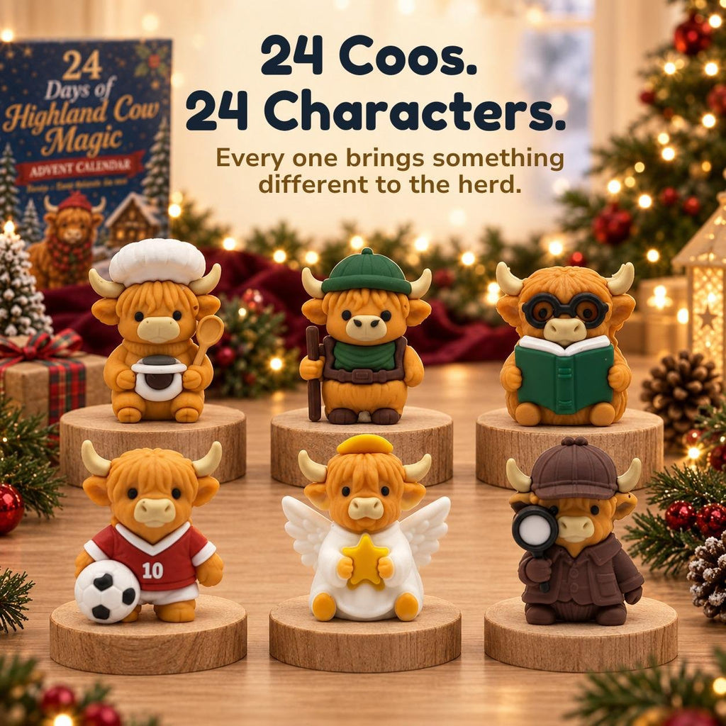 Six Highland cow advent calendar characters dressed as a chef, adventurer, reader, footballer, angel and detective.