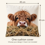 Farmyard Highland cow cushion-cover size guide showing approximately 45 × 45 cm. One cover in your chosen design; cushion insert not included.