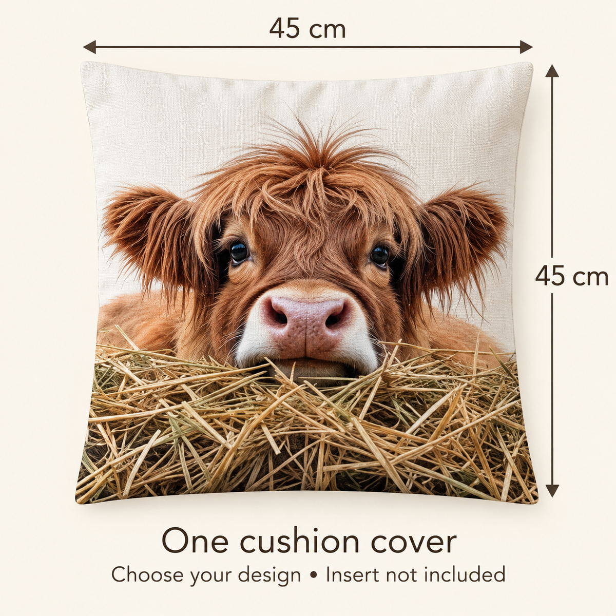 Farmyard Highland cow cushion-cover size guide showing approximately 45 × 45 cm. One cover in your chosen design; cushion insert not included.