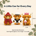 Highland Coo Advent Calendar figurine size guide: approximately 3.5 cm high by 2 cm wide, with three miniature cow characters.