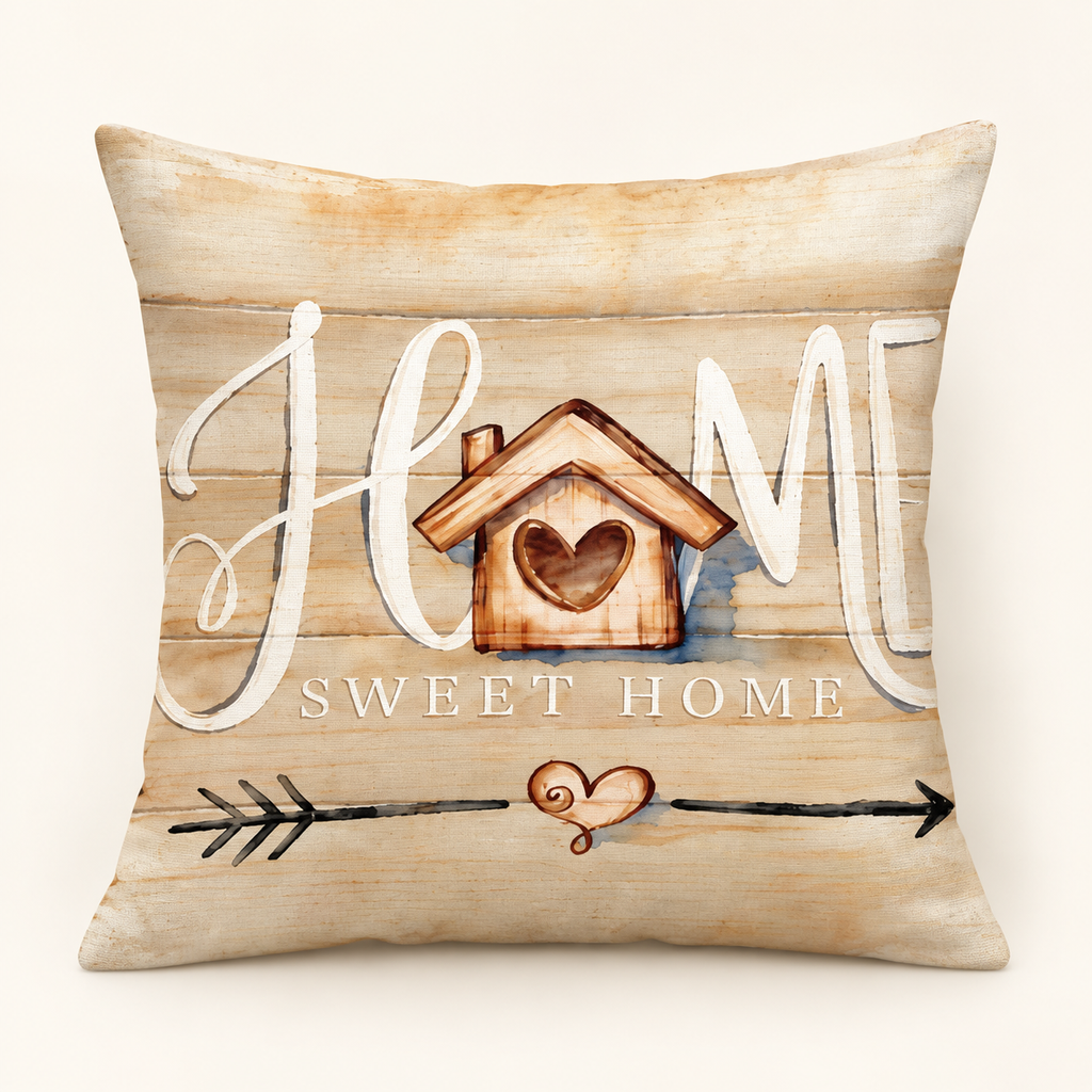 Home Sweet Home cushion cover featuring a wooden birdhouse with a heart opening, white lettering and a decorative arrow.