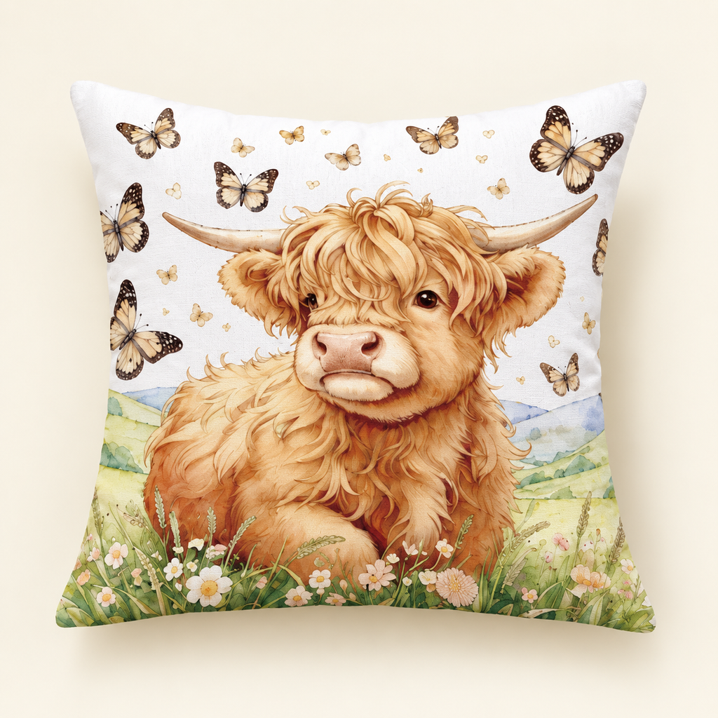 Highland calf cushion cover with butterflies, meadow flowers and green hills; approximately 45 x 45 cm, cover only.