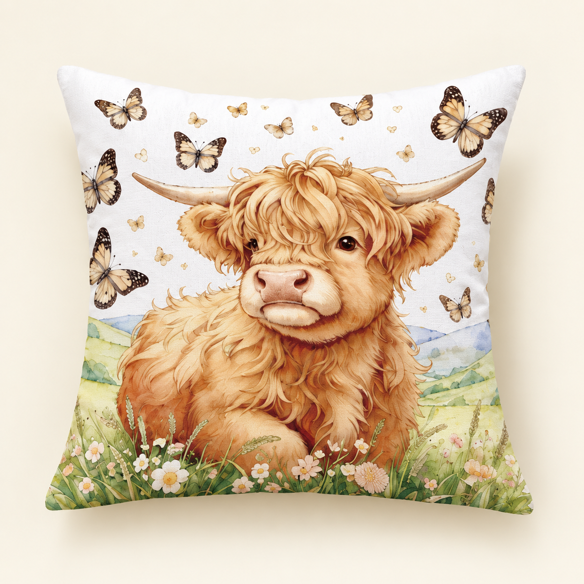 Highland calf cushion cover with butterflies, meadow flowers and green hills; approximately 45 x 45 cm, cover only.