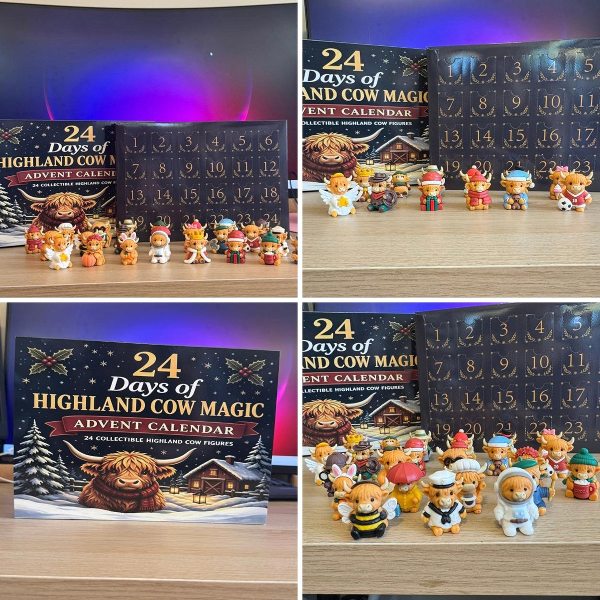 Original photographs taken by The Scotts Downunder showing the Highland cow advent calendar packaging and figurines on their desk.
