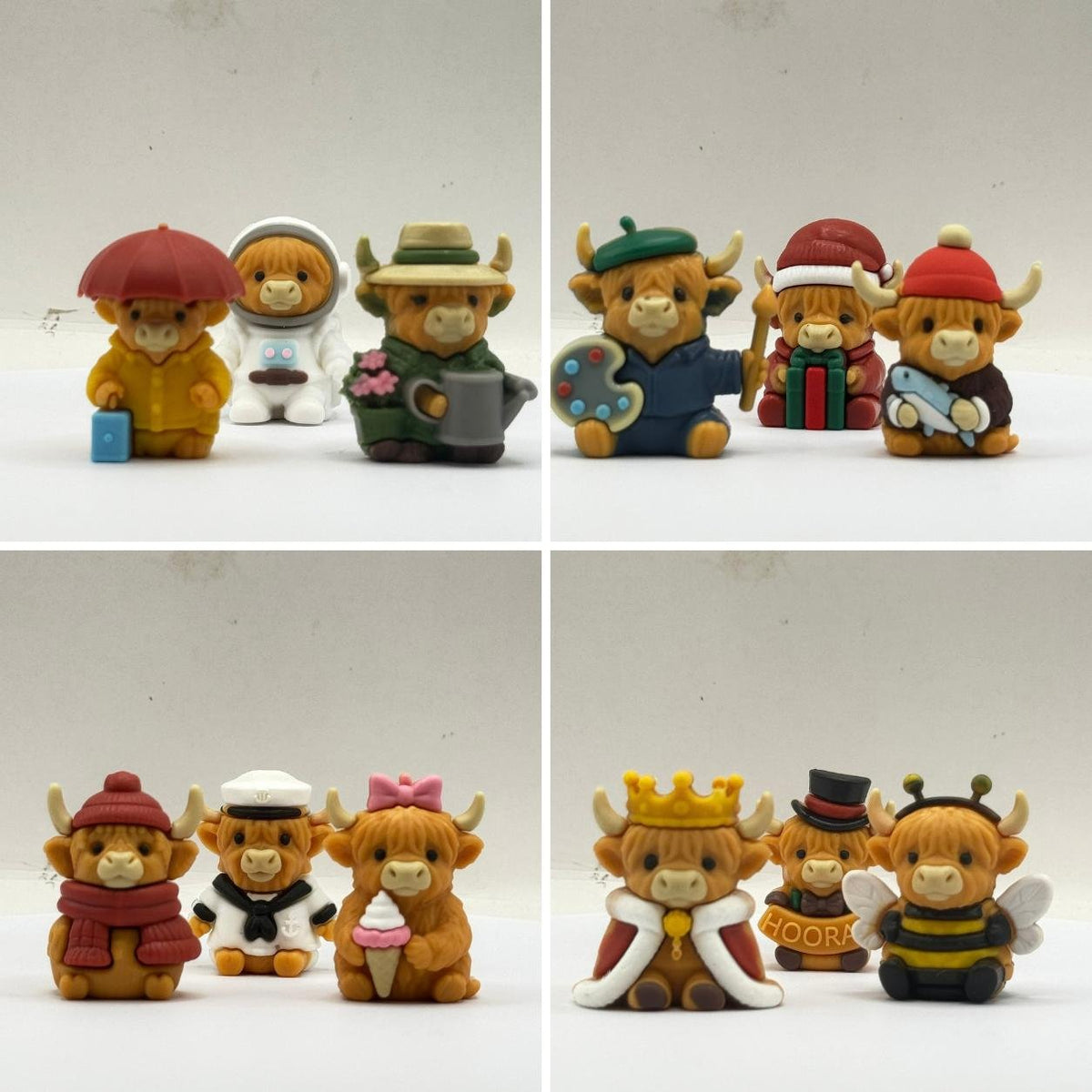 Original close-up photographs by The Scotts Downunder of twelve Highland cow advent calendar figurines against a plain background.