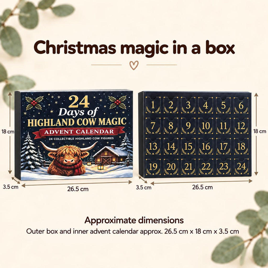 Highland Coo Advent Calendar outer box and inner calendar size guide: approximately 26.5 cm wide, 18 cm high and 3.5 cm deep.