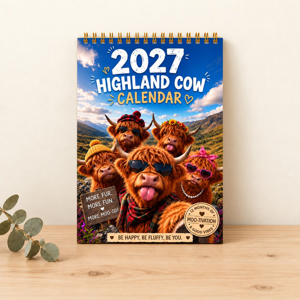 Highland Cow Friends 2027 wall calendar standing on pale timber against an ivory wall, with a decorative eucalyptus sprig.