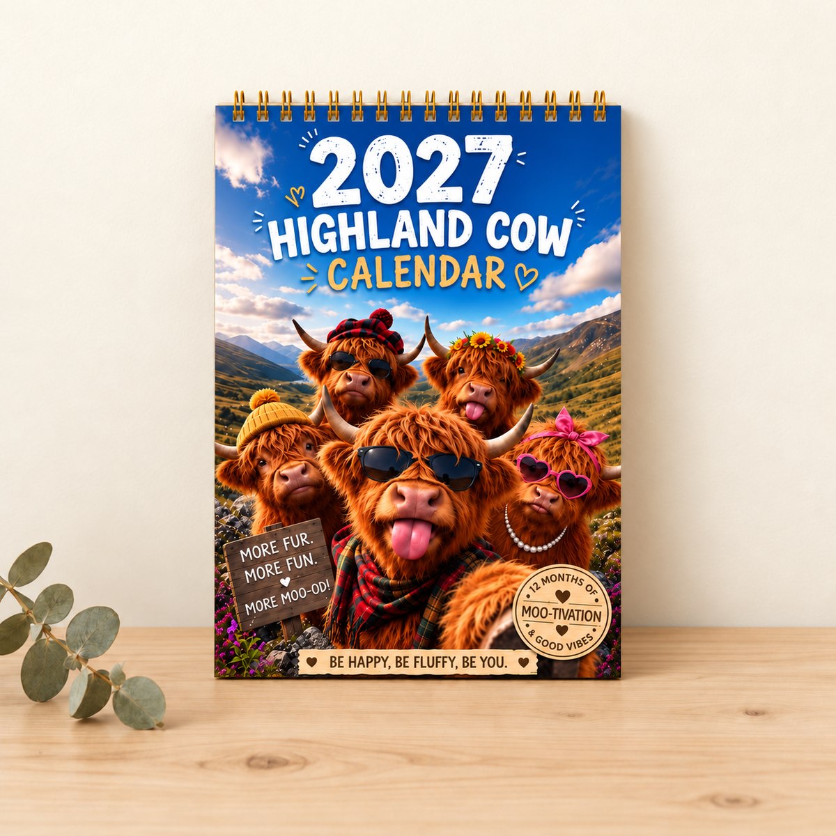 Highland Cow Friends 2027 wall calendar standing on pale timber against an ivory wall, with a decorative eucalyptus sprig.