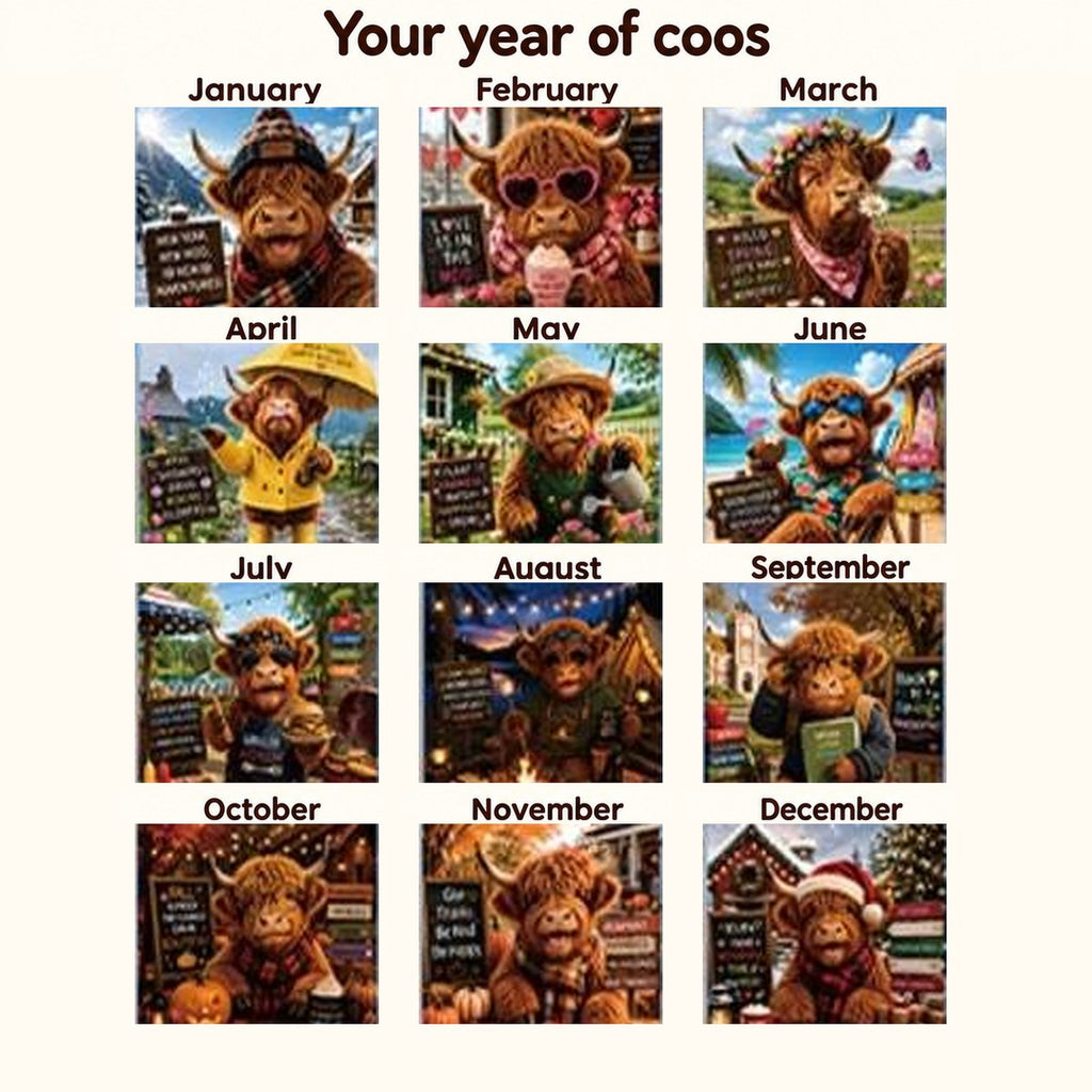 January to December artwork previews from the Highland Cow Friends 2027 calendar in the matching Your year of coos layout.