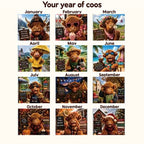 January to December artwork previews from the Highland Cow Friends 2027 calendar in the matching Your year of coos layout.