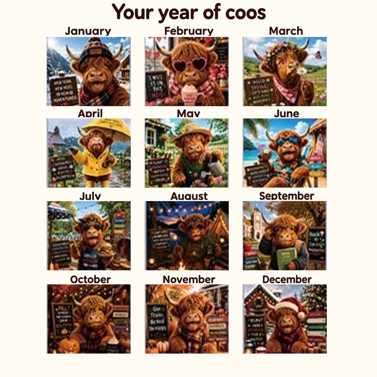 January to December artwork previews from the Highland Cow Friends 2027 calendar in the matching Your year of coos layout.