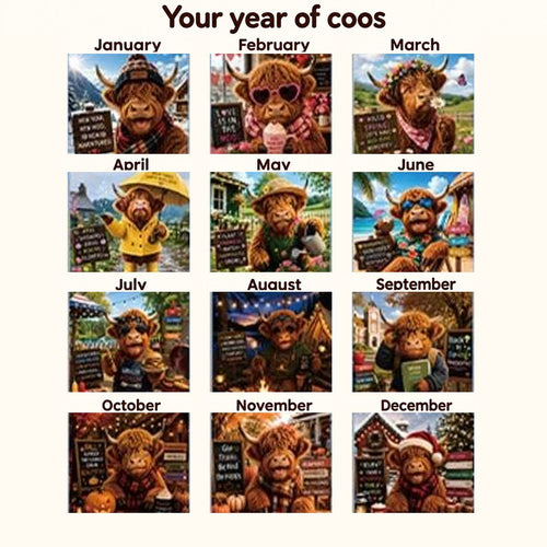 January to December artwork previews from the Highland Cow Friends 2027 calendar in the matching Your year of coos layout.