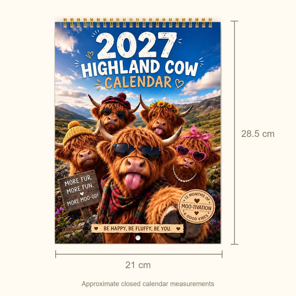 Highland Cow Friends calendar measurements: approximately 21 cm wide by 28.5 cm high when closed.