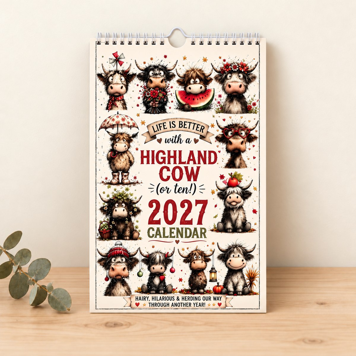 Life Is Better with a Highland Cow 2027 calendar on pale timber against an ivory wall, with decorative eucalyptus.