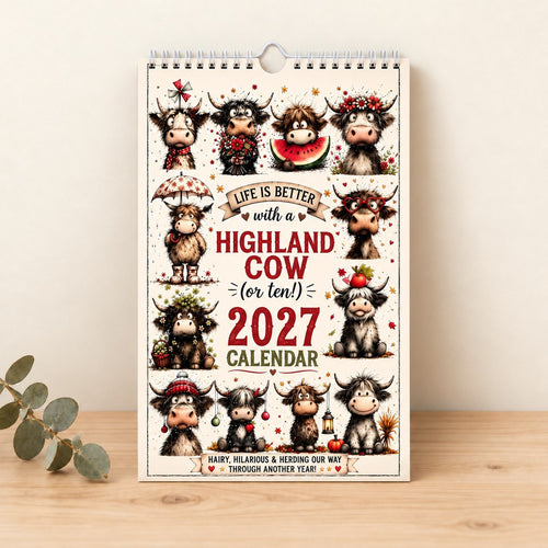 Life Is Better with a Highland Cow 2027 calendar on pale timber against an ivory wall, with decorative eucalyptus.