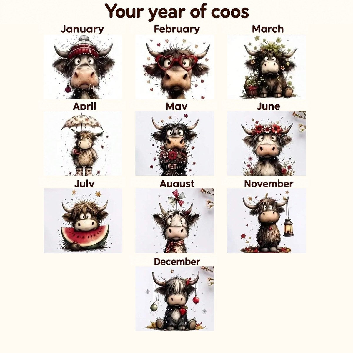 Life Is Better 2027 Highland cow calendar artwork previews for January to August, November and December, in the matching Your year of coos layout.