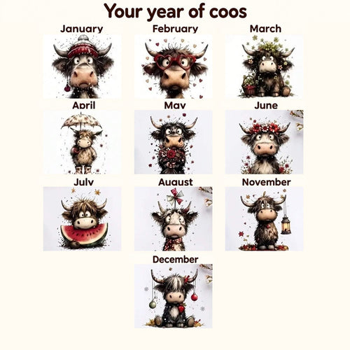 Life Is Better 2027 Highland cow calendar artwork previews for January to August, November and December, in the matching Your year of coos layout.