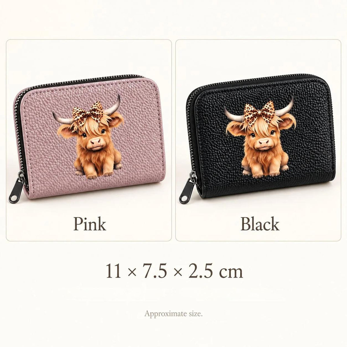 Highland cow card holder dimensions: 11 by 7.5 by 2.5 cm; one selected colour included