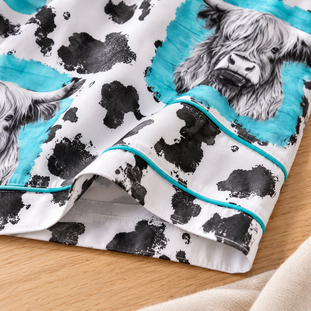 Close-up of the blue Highland cow print and turquoise piping on the pyjama fabric