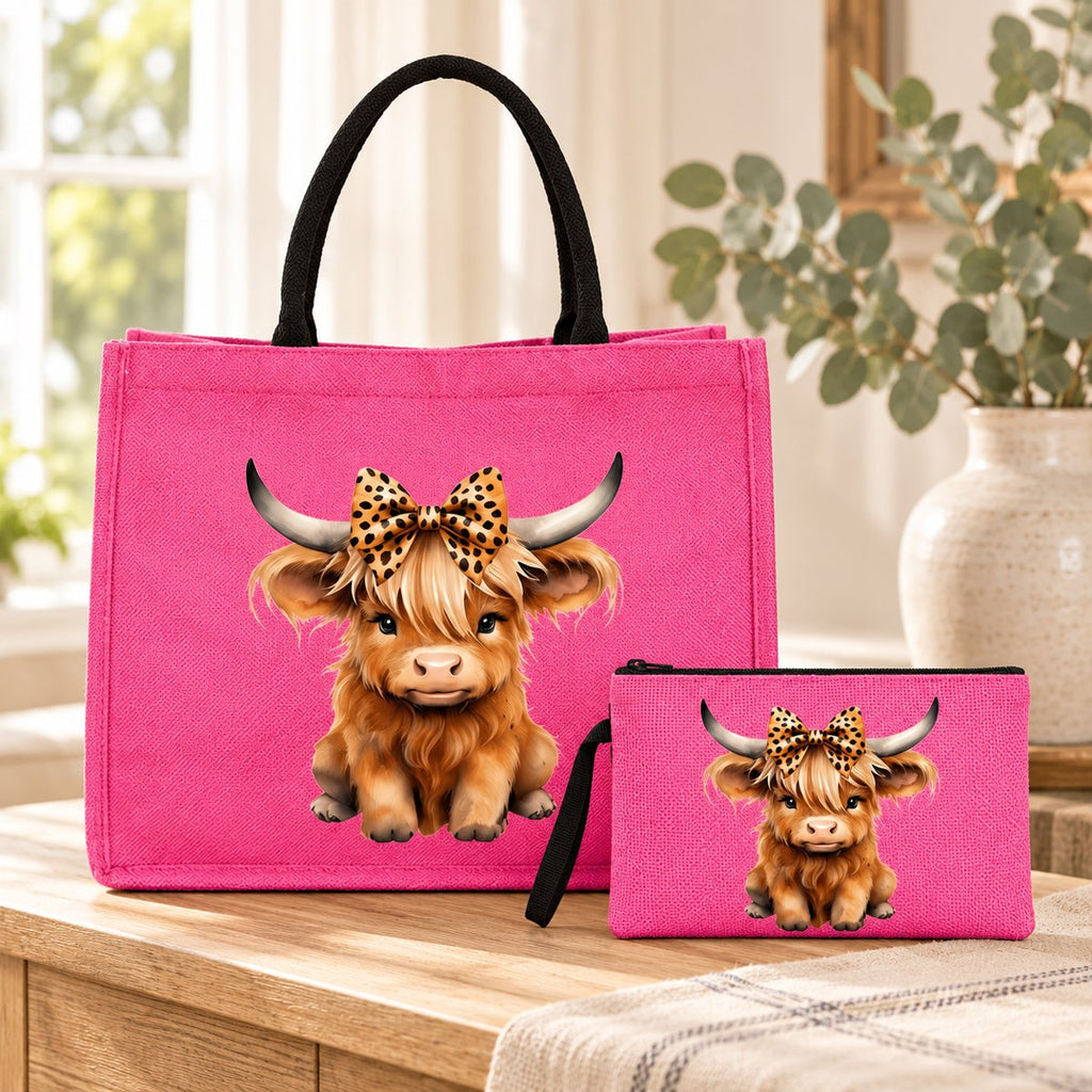 Bright pink Highland cow tote with black handles and matching leopard-bow cow zip pouch, styled on a light timber console.