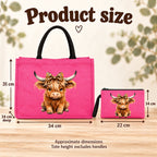 Bright pink Highland cow tote and pouch size guide: tote 34 × 31 × 14 cm, pouch 22 × 14 cm; tote height excludes handles.