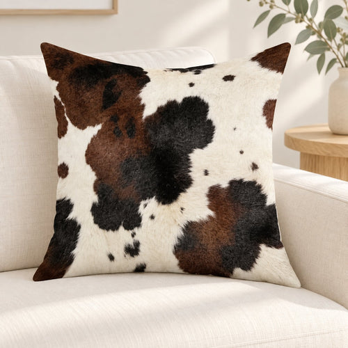 Brown and cream cow-print cushion styled on a cream sofa with pale timber and eucalyptus; cover only, props not included