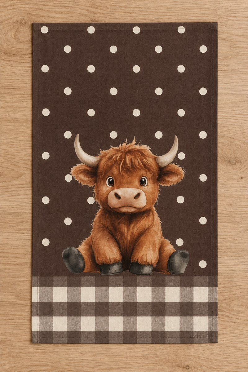 Camel Gingham & Polka Dot Highland Cow Tea Towel