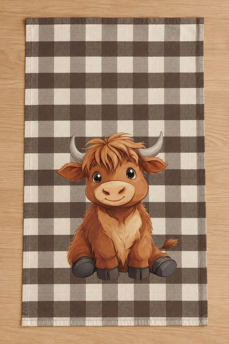 Camel Gingham & Polka Dot Highland Cow Tea Towel