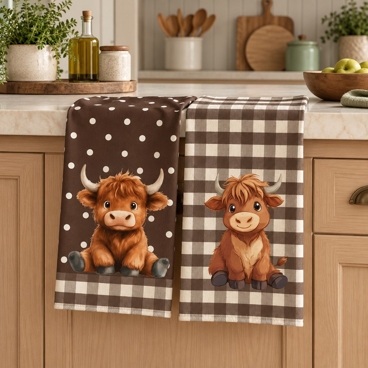 Camel Gingham & Polka Dot Highland Cow Tea Towel