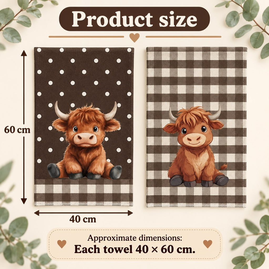 Camel Gingham & Polka Dot Highland Cow Tea Towel