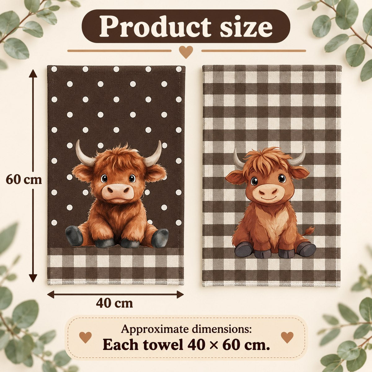 Camel Gingham & Polka Dot Highland Cow Tea Towel