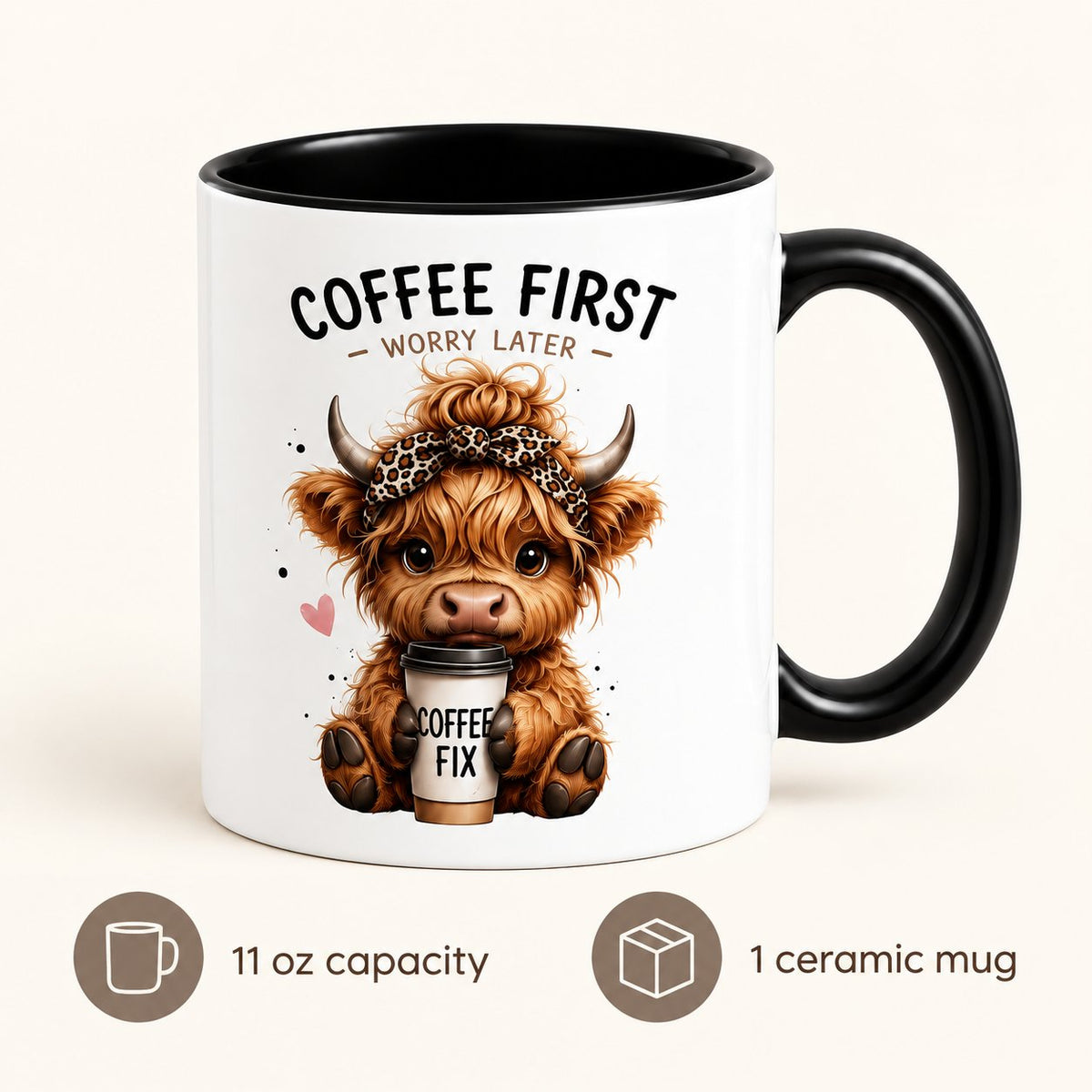 Coffee First Highland cow mug showing 11 oz capacity and one ceramic mug included.