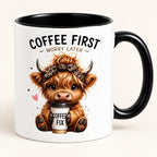 Close-up of the Highland calf, leopard-print bow and Coffee First Worry Later artwork on the mug.