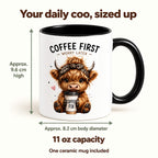 Coffee First Highland cow mug size guide: approximately 9.6 cm high and 8.2 cm body diameter excluding the handle, with 11 oz capacity. One ceramic mug included.