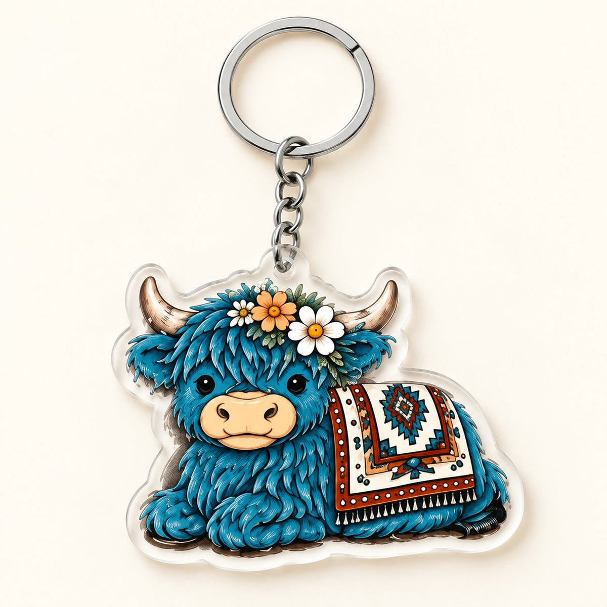 Blue Blanket Highland cow flat acrylic keyring with patterned blanket artwork