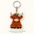 One flat acrylic Highland cow keyring in the chosen design included